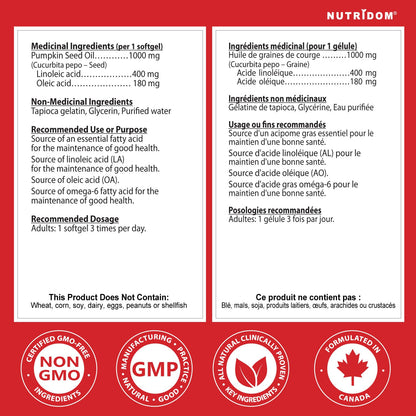 Nutridom Pumpkin Seed Oil Capsules 1000 mg, 90 Veggie Softgels, Cold-Pressed, Essential Fatty Acids, Linoleic & Oleic Acid, Vegan, Non-GMO, Gluten Free, Soy Free, Made in Canada 🍁 All In One Marketplace Canada