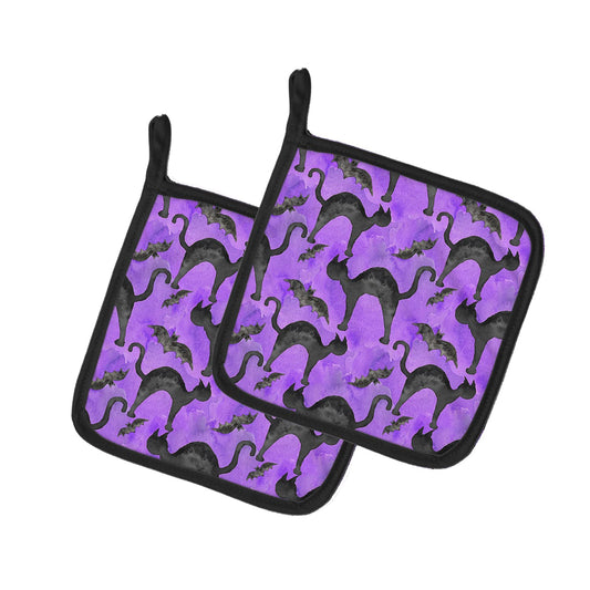 Caroline's Treasures BB7528PTHD Watercolor Halloween Black Cats on Purple Decorated Pot Holder, 7.5" x 7.5", Multicolor