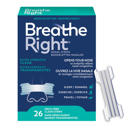 Breathe Right Nasal Strips, Extra Strength, Clear, Sensitive Skin, Drug-Free Snoring Solution & Nasal Congestion Relief Caused by Colds & Allergies, Nightly Sleep, 26 Count 🍁 All In One Marketplace Canada