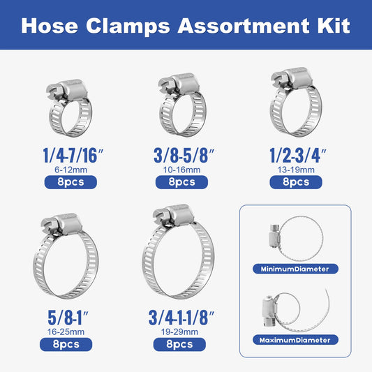 Hose Clamps, Small Worm Gear Hose Clamp Kit, Stainless Steel Worm Gear Hose Clamps for Radiator, Heater, 1 inch, 3/8 inch, 1/2 inch, 1/4 inch, 40 pcs 🍁 All In One Marketplace Canada