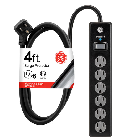 GE 6-Outlet Surge Protector, 4 Ft Extension Cord, Power Strip, 800 Joules, Flat Plug, Twist-to-Close Safety Covers, Protected Indicator Light, UL Listed, Black, 33659 🍁 All In One Marketplace Canada