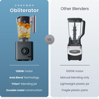 Chefman Obliterator 48 oz Countertop Blender for Smoothies, 1380W Motor to Crush Ice, Nuts, and Frozen Fruit with Stainless Steel Blade, Auto Blend Function, Includes 20 oz Travel Jar - Midnight 🍁 All In One Marketplace Canada