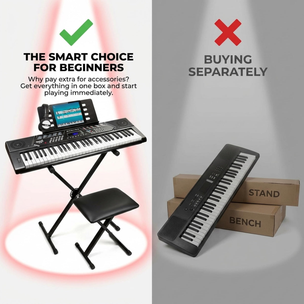 RockJam 61 Key Keyboard Piano With Pitch Bend Kit, Keyboard Stand, Piano Bench, Headphones, Simply Piano App & Keynote Stickers 🍁 All In One Marketplace Canada