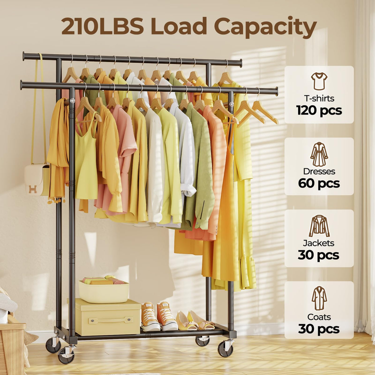 HYSEYY Double Rods Clothing Rack, Rolling Clothes Rack, Metal Garment Rack with 4 Lockable Wheels & Storage Shelf, Sturdy Coat Rack for Bedroom, Laundry, Living Room - 160H x 113W x 42D cm (Black) 🍁 All In One Marketplace Canada