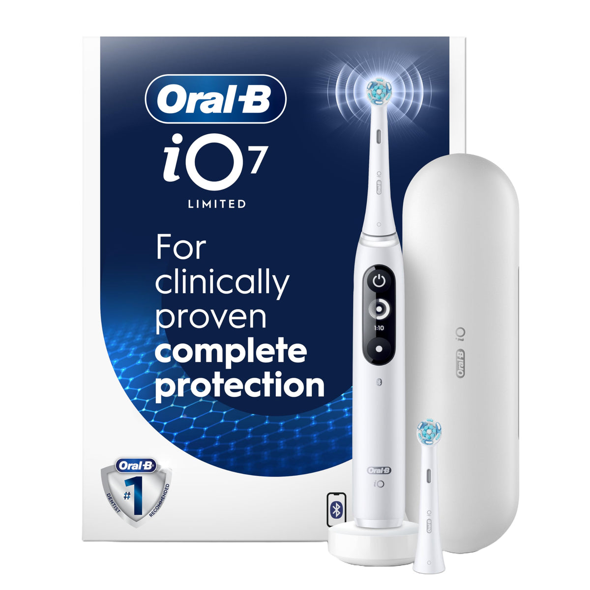 Oral-B iO Deep Clean + Protect Rechargeable Electric Toothbrush, White with Visible Pressure Sensor, 5 Cleaning Settings, 2 Min Timer, an iO Series 7 Toothbrush, 2 Replacement Brush Heads, and Charging Travel Case 🍁 All In One Marketplace Canada