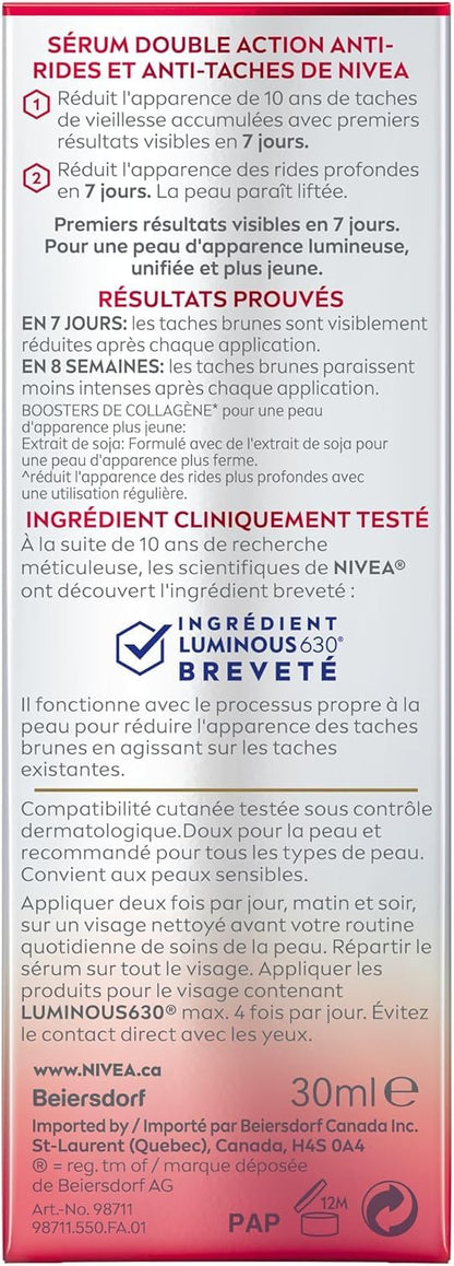 NIVEA LUMINOUS630 Anti-Wrinkle & Spot Face Serum, Hyaluronic Acid, 30mL 🍁 All In One Marketplace Canada