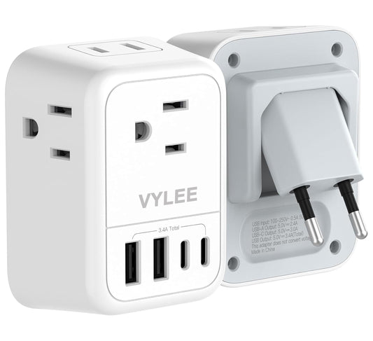 VYLEE Travel Plug Adapter with 4 AC Outlets and 4 USB Ports - European and International Power Adapter, Type C Plug Adapter Travel Essentials to Most Europe EU Spain Italy France Germany [1 Pack] 🍁 All In One Marketplace Canada