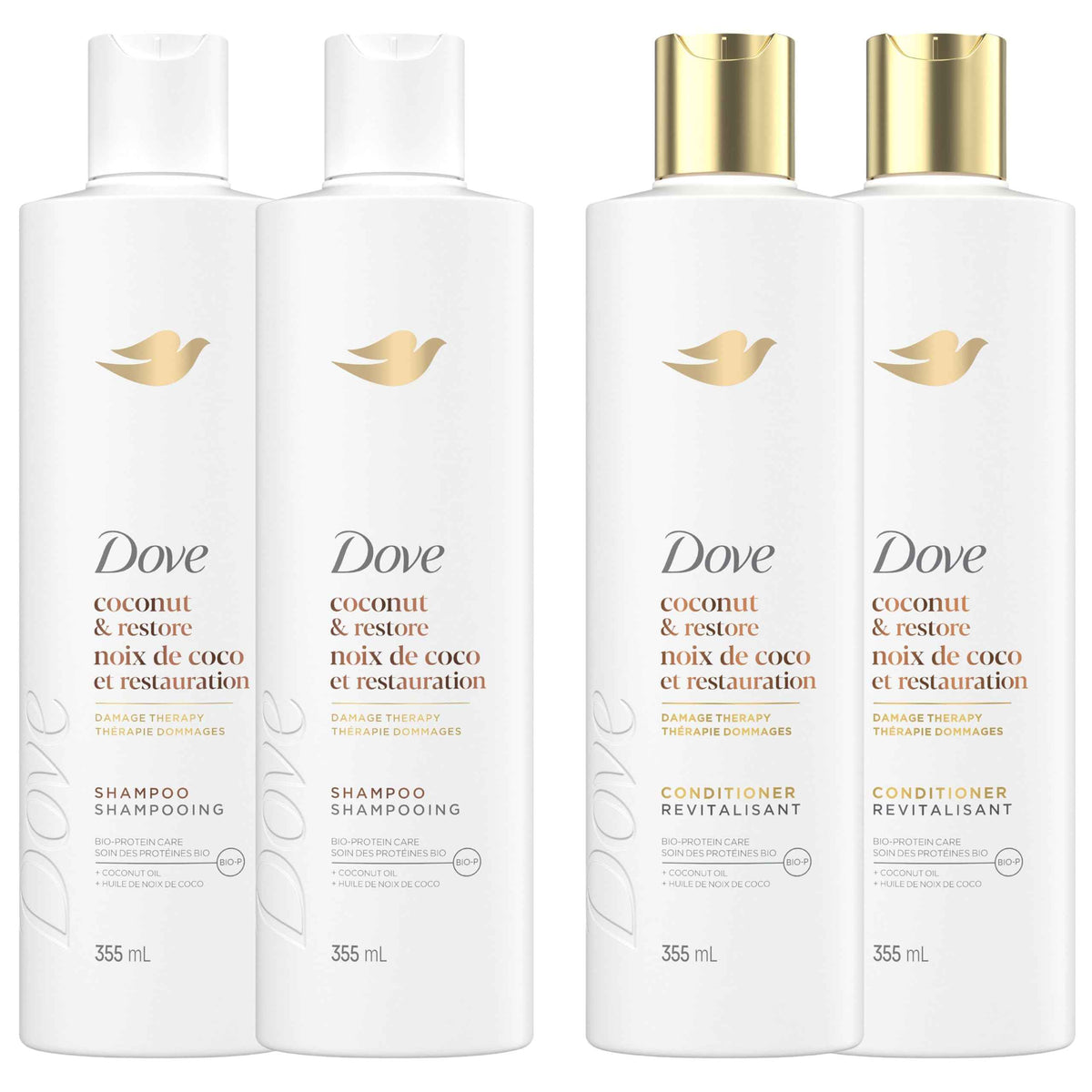 Dove Coconut Restore Shampoo & Conditioner for Damaged Hair, with Liquid Bio-Protein Care, 355 ML (2 Shampoo + 2 Conditioner) 🍁 All In One Marketplace Canada