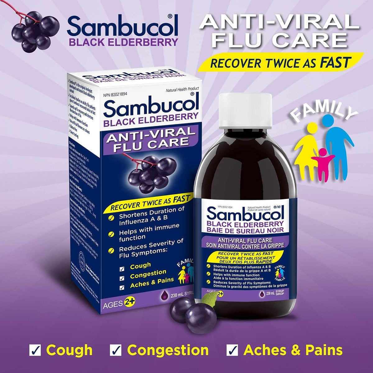 Sambucol Black Elderberry Anti-Viral Flu Care | Quickly Relieves Cold & Flu Symptoms | Immune Support & Antioxidant | Ideal for Families | Syrup, 230 mL | Pack of 2 🍁 All In One Marketplace Canada
