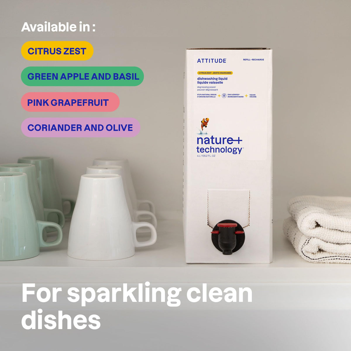 ATTITUDE Dish Soap Refill, EWG Verified, Plant-Based & Vegan Dishwashing Liquid, Naturally Derived, Made in Canada, Pink Grapefruit Scent, 4 Liters 🍁 All In One Marketplace Canada