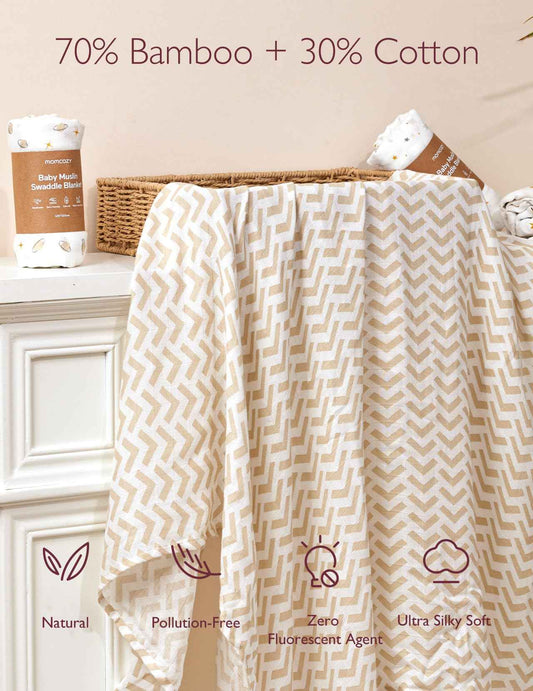 Momcozy Muslin Swaddle Blanket, 4 Pack Ultra Soft Neutral Swaddle Blankets, Breathable Large 47'' x 47'' Baby Infant Newborn Essentials, Boys Girls Receiving Blanket, Beige Star 🍁 All In One Marketplace Canada