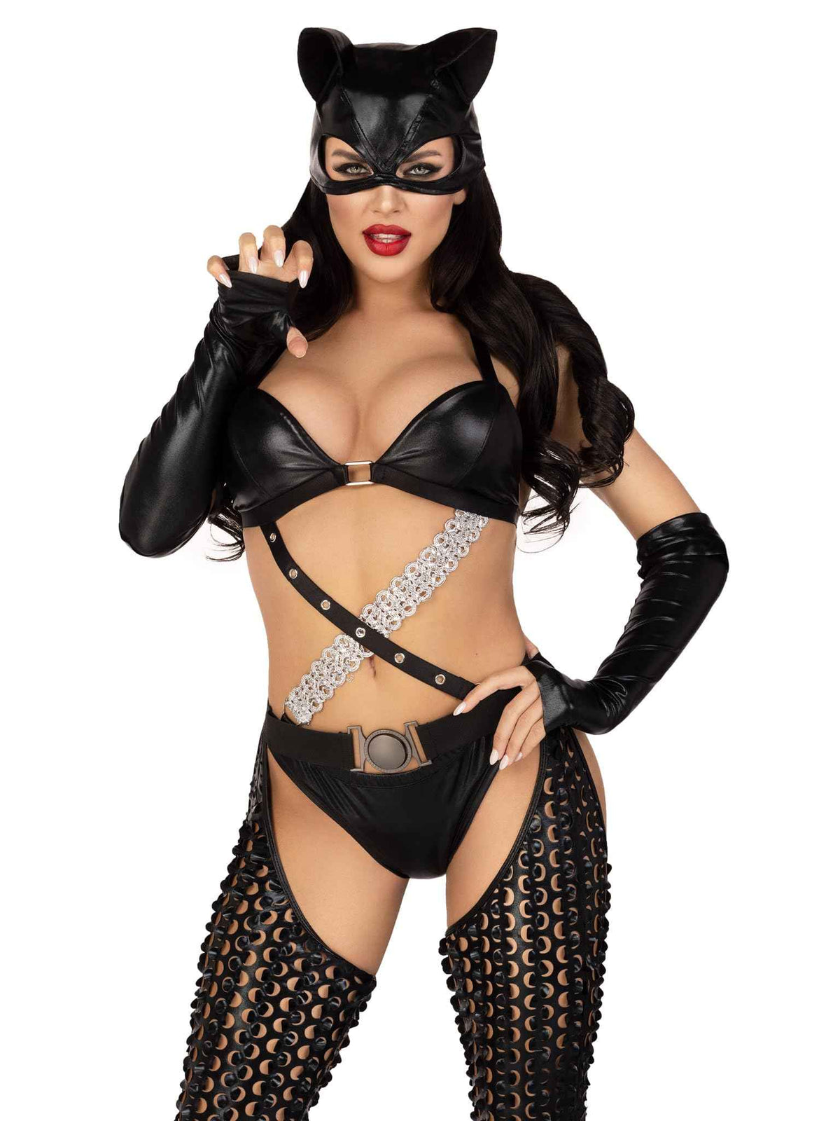 Leg Avenue Women’s 3 PC Mistress Kitty Halloween Costume with Catsuit, XS, Black