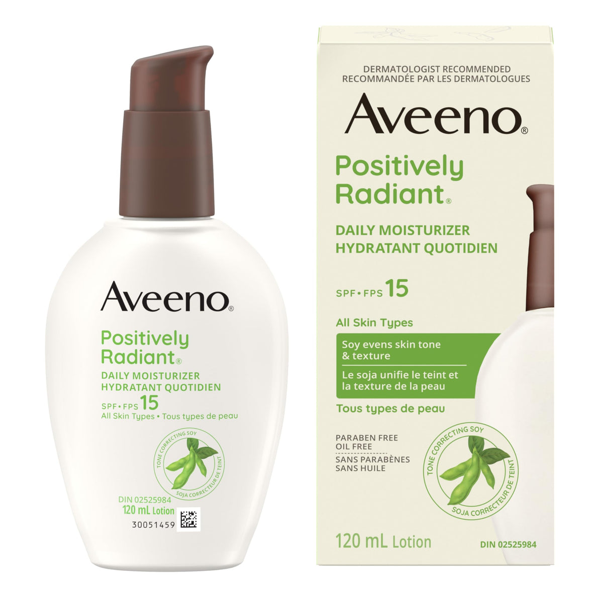 Aveeno Positively Radiant Daily Moisturizer SPF 15 - Face Lotion with Soy Formula for Dry Skin, Hypoallergenic & Oil-Free Lotion, Evens Tone & Texture, Non-Comedogenic Moisturizer for Face 120 mL 🍁 All In One Marketplace Canada