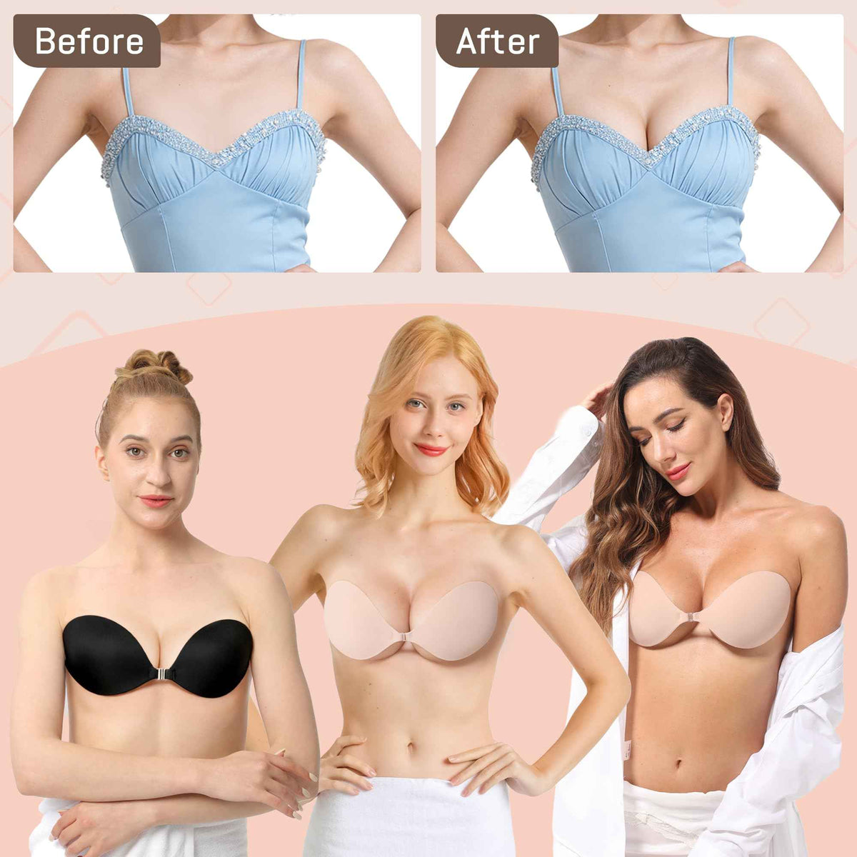 GKHWON Adhesive Bra Strapless Backless Invisible Push Up Sticky Bra with Silicone Nipple Covers Reusable Beige+Black A 🍁 All In One Marketplace Canada