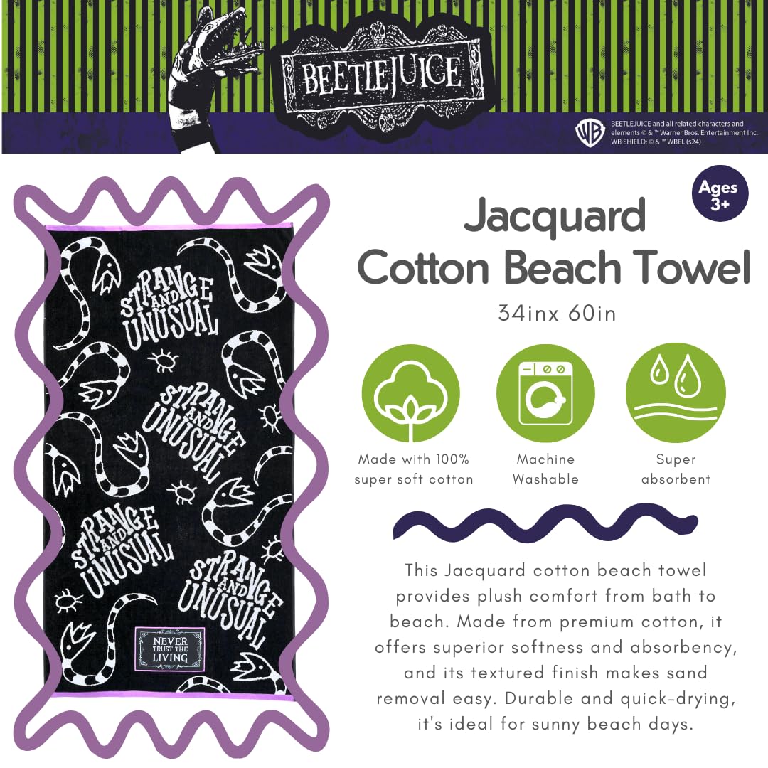 Franco Luxe Beetlejuice Halloween Goth Super Soft Plush Oversized Cotton Jacquard Bath/Pool/Beach Towel, 64 in x 34 in, (Officially Licensed Product)