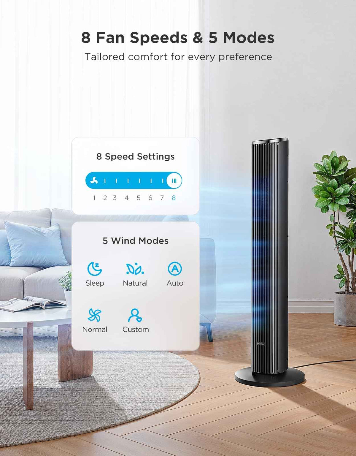 GoveeLife Black Tower Fan for Bedroom, 36" Smart Floor Fan with App/Voice Control, Temperature Sensor, 5 Modes 8 Speeds(25ft/s), 29dB Quiet Oscillating Fan for Office, 24H Timer, Auto Cooling 🍁 All In One Marketplace Canada