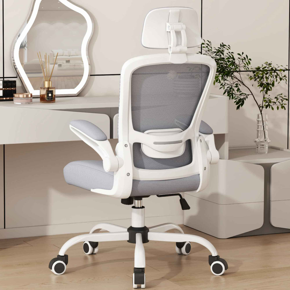 Mimoglad Office Chair, Comfy Desk Chair - High Back Ergonomic Computer Chair with Adjustable Lumbar Support & Headrest, Flip-up Armrests for Guitar Playing (Moon Grey) 🍁 All In One Marketplace Canada