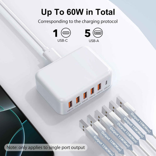 USB Charging Station for Multiple Devices, 60W 6-Port USB C Charger Fast Charging Block Hub, Multi USB Charger Station Power Strip Adapter for iPhone 17 16 15 14 13 12 Pro Max Tablets Smartphones 🍁 All In One Marketplace Canada