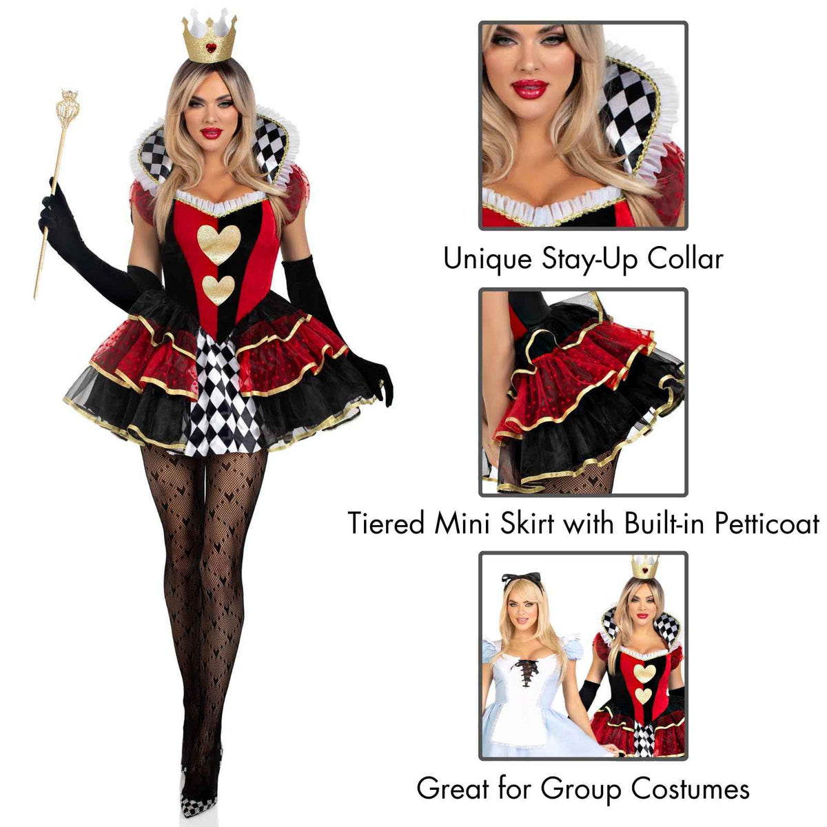 Leg Avenue Womens 2 Pc Queen of Hearts Halloween Costume for Women, Multicolor, Small