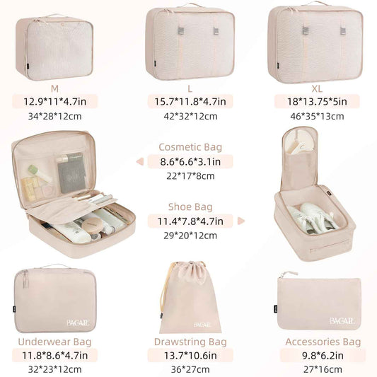BAGAIL 8 Set Packing Cubes, Lightweight Travel Luggage Organizers with Shoe Bag, Toiletry Bag & Laundry Bag (Cream) 🍁 All In One Marketplace Canada