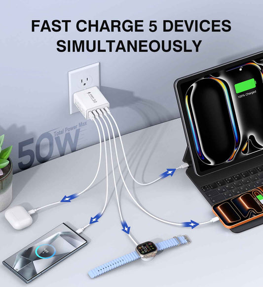 USB C Wall Charger,50W 5-Port PD Fast USB C Charging Block,2USB C+3USB A Multiport Plug,Type C Power Adapter Brick Cube for iPhone 17/16/15/14/13/12/Pro Max/XS,iPad,for Switch,Samsung,Ultra 2 🍁 All In One Marketplace Canada