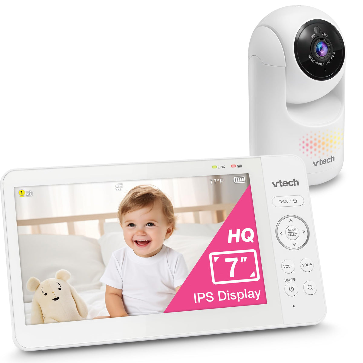 VTech Advanced HQ Max 7" Digital Video Baby Monitor with Pan-Tilt-Zoom, Night Light, Long Range, 2-WayTalk, Display, and Lullabies, No WiFi, White 🍁 All In One Marketplace Canada