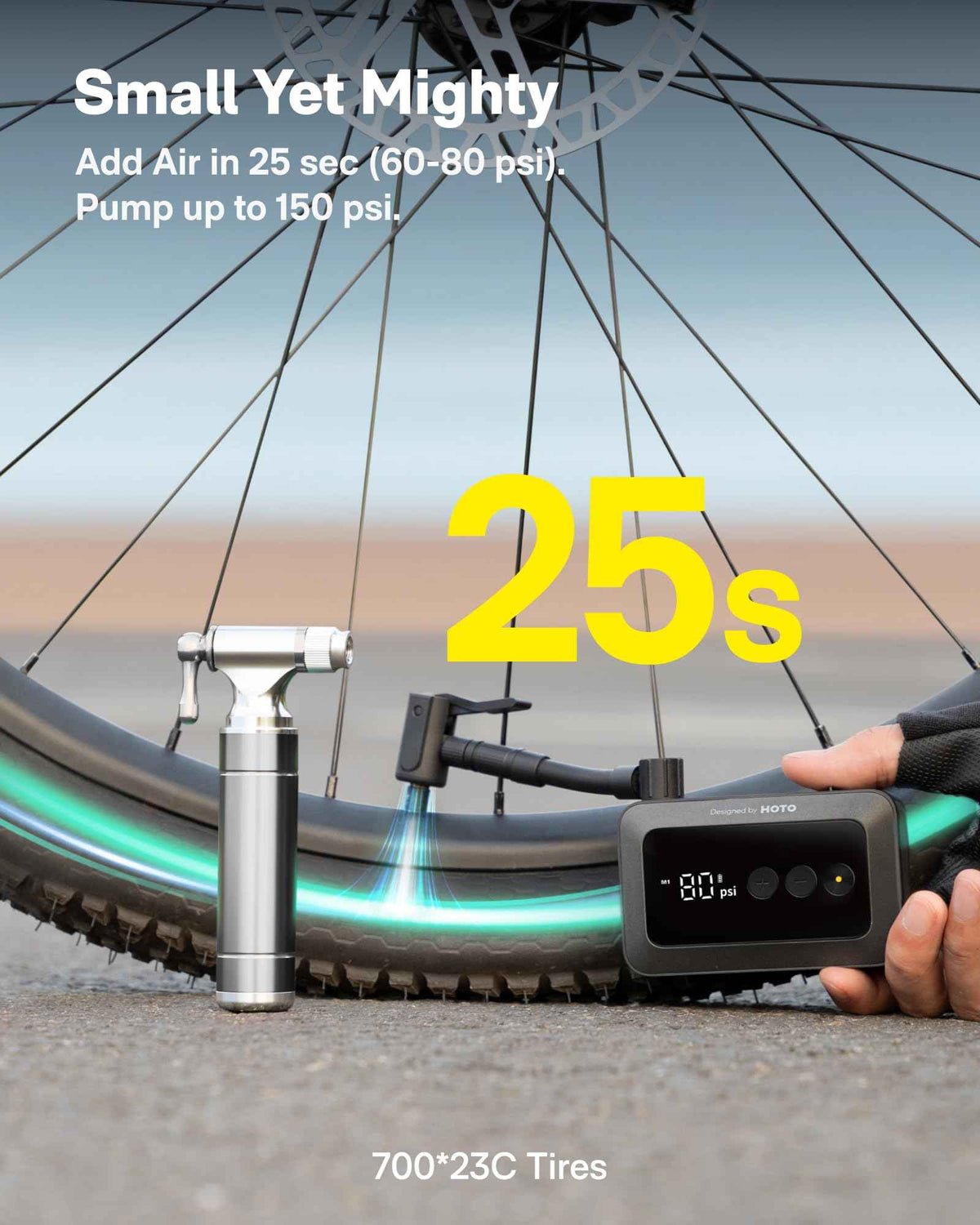 HOTO Electric Bike Pump, 150PSI Fast Inflate with Pressure Gauge, Mini Portable Bicycle Tire Inflator with Schrader & Presta Valve, for E-Bike, Road, Mountain, City and Fat Bikes, Motorcycle, BMX 🍁 All In One Marketplace Canada