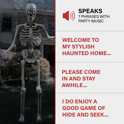 Haunted Hill Farm 8-Ft. Tall Bones McNeely The Towering Skeleton by SVI, Plug-in Motion-Activated Talking Scare Prop Animatronic for Indoor or Covered Outdoor Creepy Halloween Decoration