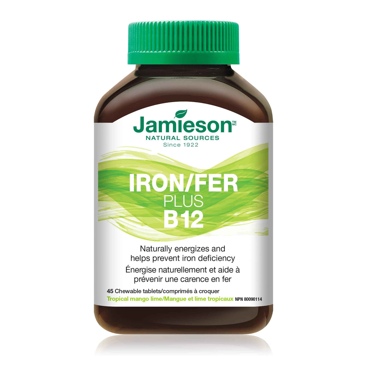 Jamieson Chewable Iron 18 mg Plus Vitamin B12 1,000 mcg Tropical Mango Lime Flavour, Helps Prevent Iron Deficiency, and Supports Natural Energy. Vegetarian, Gluten-Free, No Artificial Colours, Flavours, or Preservatives, 45 Chewable Tablets