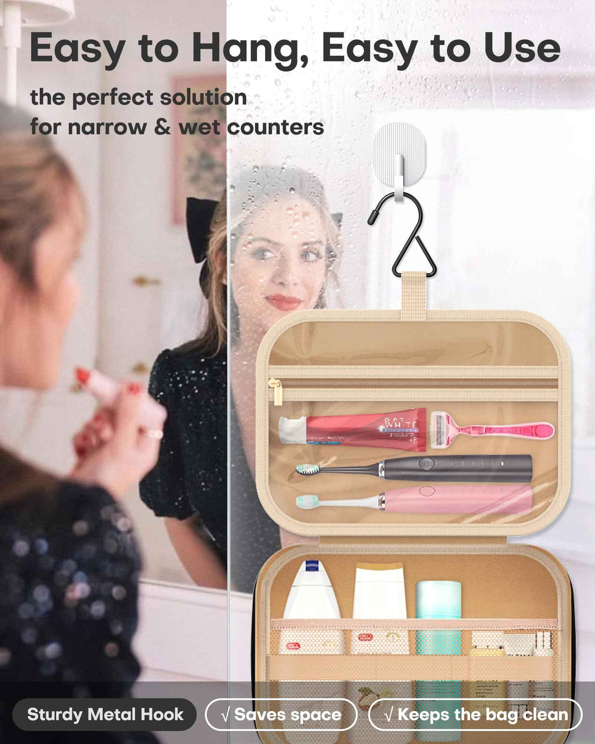 HOTOR Travel Toiletry Bag for Women - Spacious Toiletry Bag for Men, Waterproof Makeup Bag with Hanging Hook and Multiple Pockets, Travel Accessories, Travel Essentials, Black, Medium 🍁 All In One Marketplace Canada