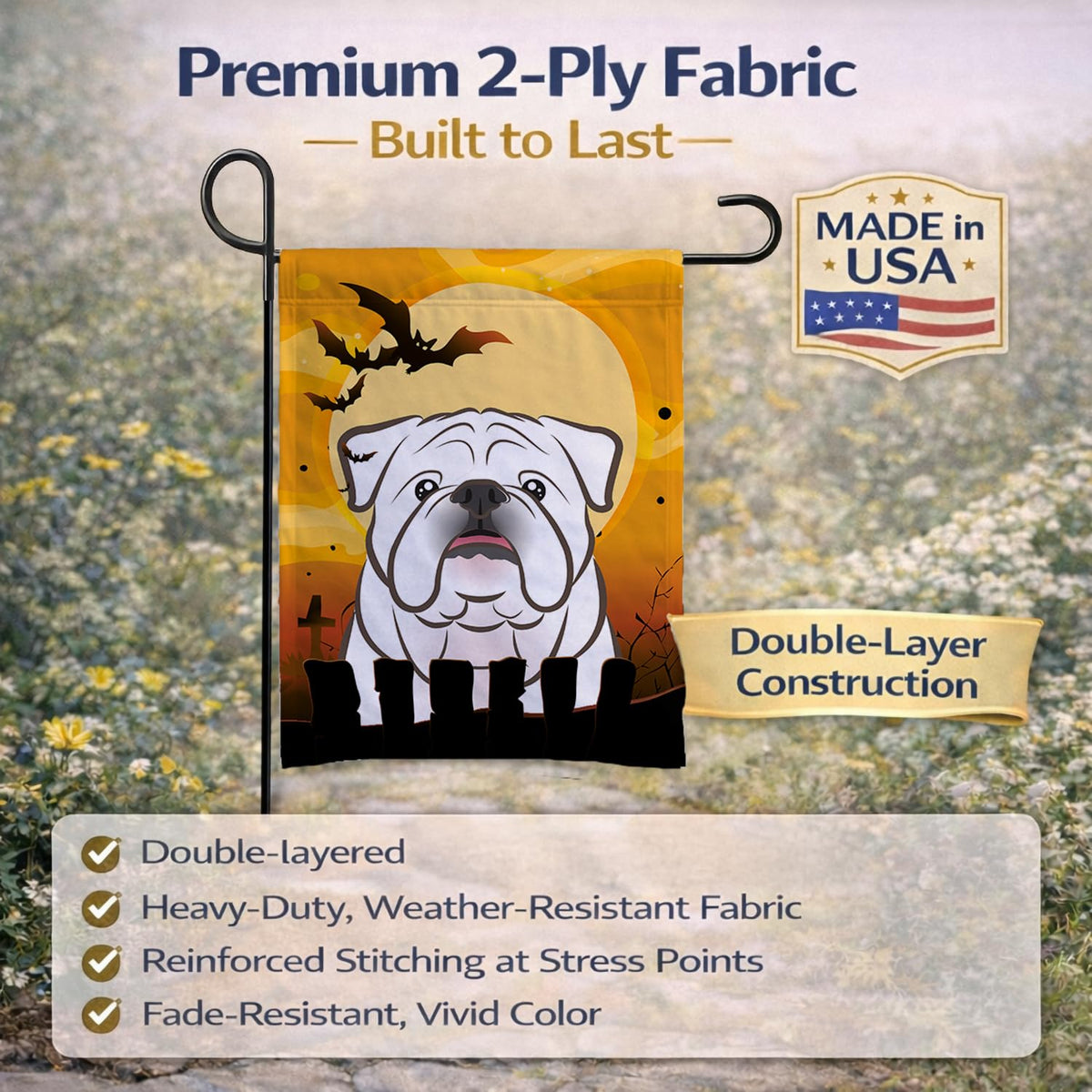 Caroline's Treasures BB1778GF Halloween White English Bulldog Flag Garden Size, Small, Multicolor