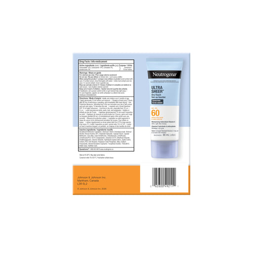 Neutrogena Ultra Sheer Dry-Touch Sunscreen Lotion, Broad Spectrum SPF 60 UVA/UVB Protection, Oxybenzone-Free, Light, Water Resistant, Non-Comedogenic & Non-Greasy, 88 mL (Twin Pack) 🍁 All In One Marketplace Canada