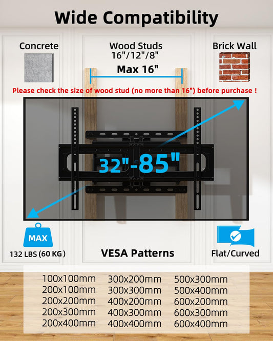 HOME VISION Full Motion TV Wall Mount for Most 32-85 inch TVs up to132 lbs, TV Mount Swivel and Tilt with Dual Articulating Arms, Wall Mount TV Bracket Max VESA 600x400mm, Fits 8" 12" 16" Wood Studs 🍁 All In One Marketplace Canada