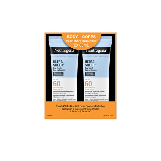 Neutrogena Ultra Sheer Dry-Touch Sunscreen Lotion, Broad Spectrum SPF 60 UVA/UVB Protection, Oxybenzone-Free, Light, Water Resistant, Non-Comedogenic & Non-Greasy, 88 mL (Twin Pack) 🍁 All In One Marketplace Canada
