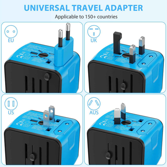 Universal International Travel Power Adapter, All in One Wall Charger with High Speed 2.4A 3xUSB, 3.0A Type-C, European Adapter, Worldwide AC Outlet Plugs for UK, EU, AU & Asia (Blue) 🍁 All In One Marketplace Canada
