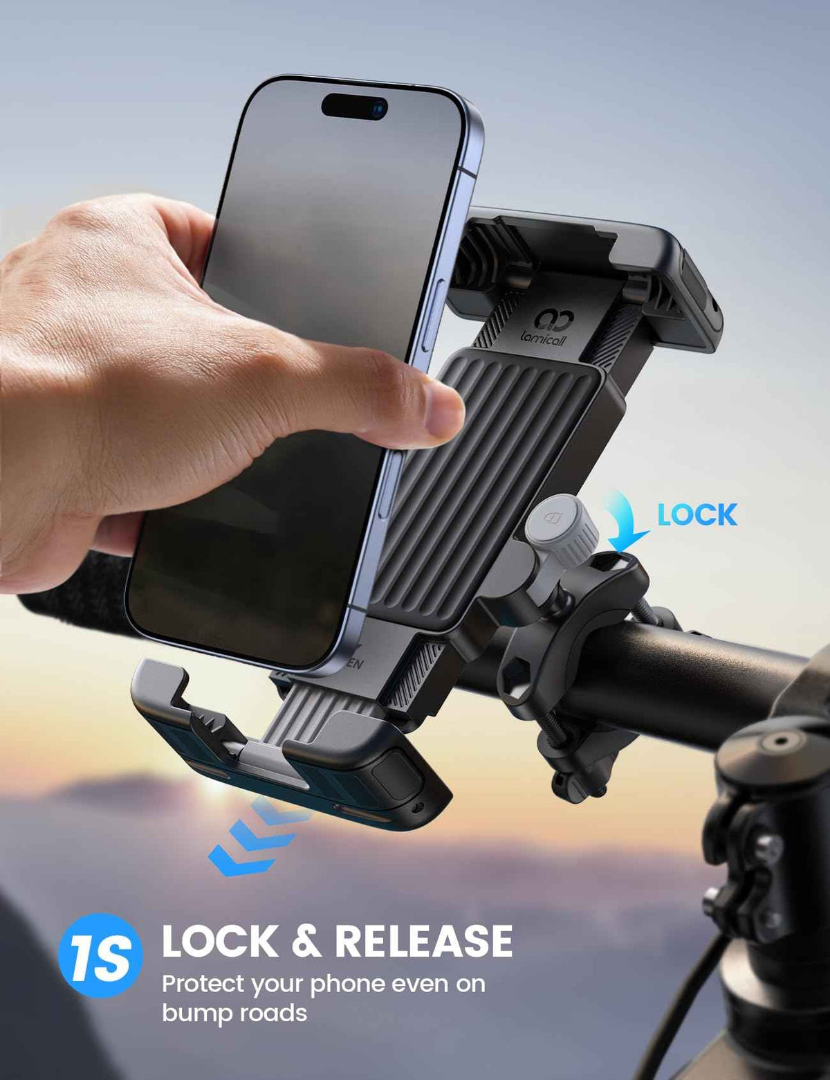 Lamicall Bike Motorcycle Phone Mount - [1s Quick Lock] Bike Phone Holder Clip, [Stable Handlebar Clamp] Bicycle Scooter Handlebar Clamp for iPhone 16 17 Pro Max Plus Air, S26 Ultra All Large 🍁 All In One Marketplace Canada