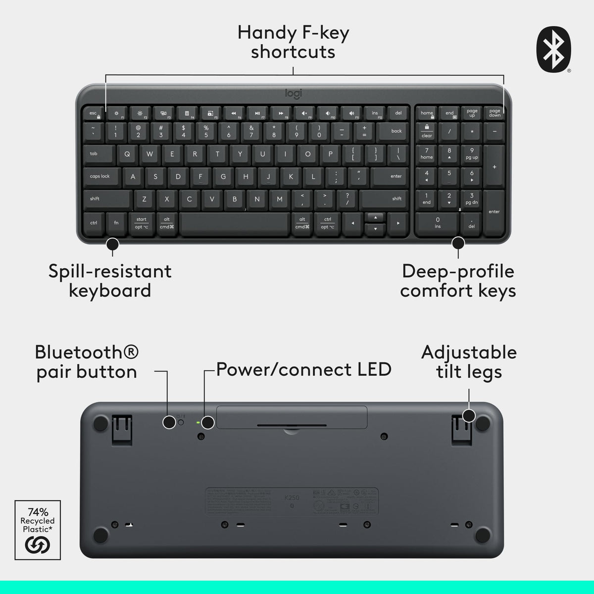 Logitech K250 Bluetooth Keyboard with Numpad, Easy Connectivity, Compact Wireless Keyboard Made with Recycled Plastic, Spill-Resistant, Comfortable Keys - Windows/MacOS - Graphite 🍁 All In One Marketplace Canada