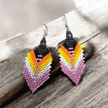 OldTribes™ pink and black Beaded Feather Drop Earrings