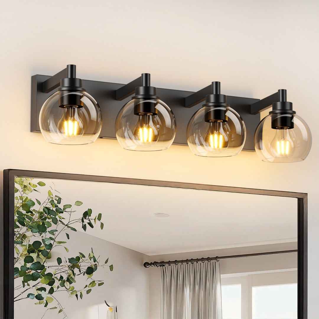 4-Light Matte Black Bathroom Vanity Light – Clear Glass Globe Wall Fixture