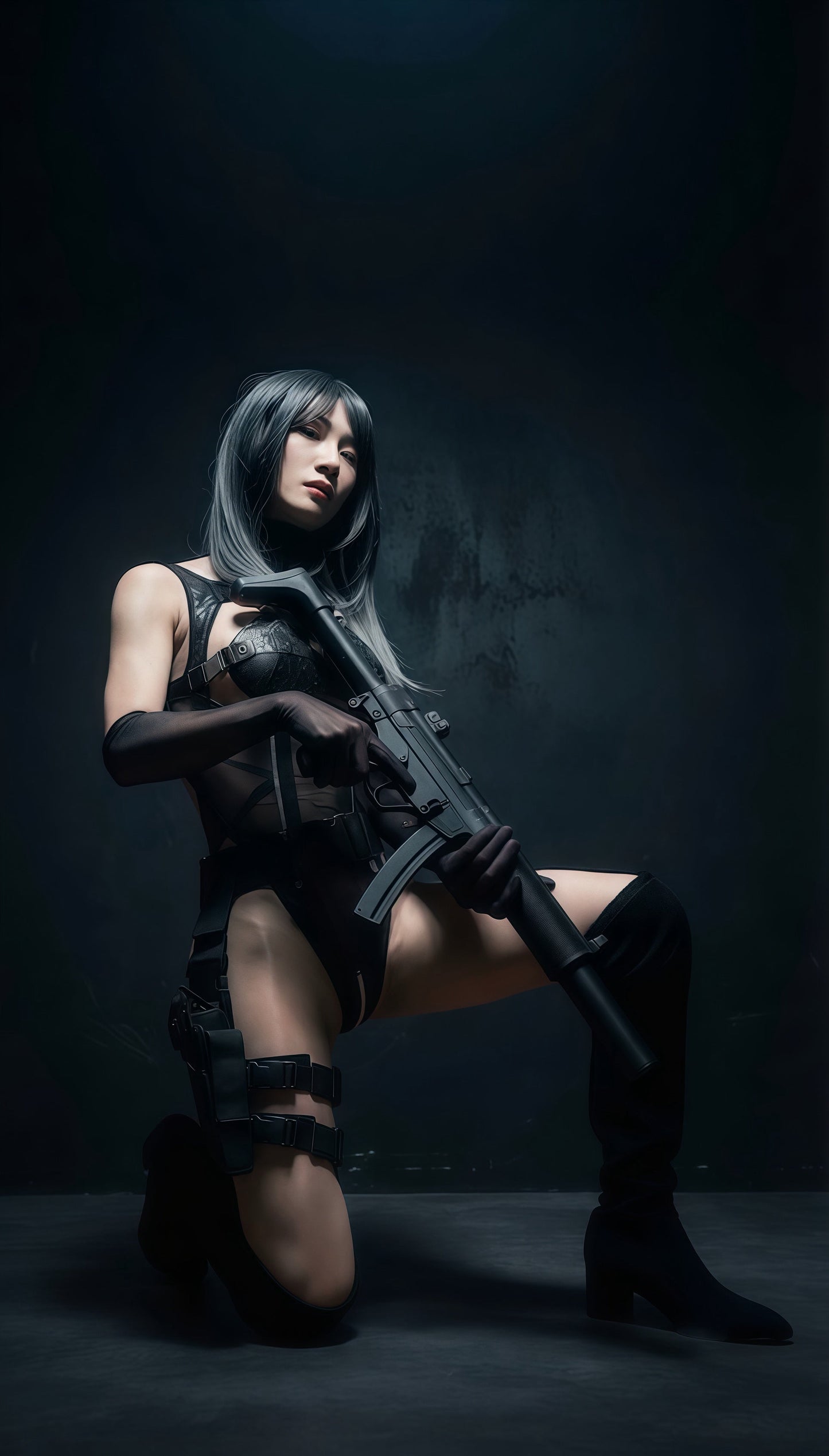 Tactical Anime Girl PU Leather Sheer Mesh Sexy Cosplay Bodysuit Costume