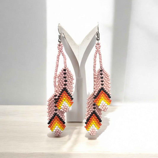 OldTribes™ lights pink Beaded Feather Earrings