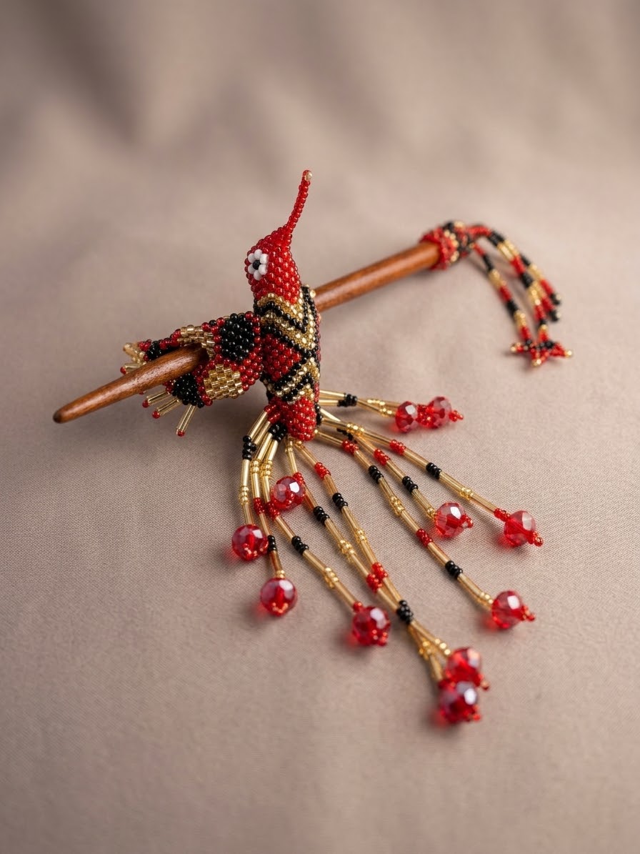 Red & Black Hummingbird Beaded Hair Stick