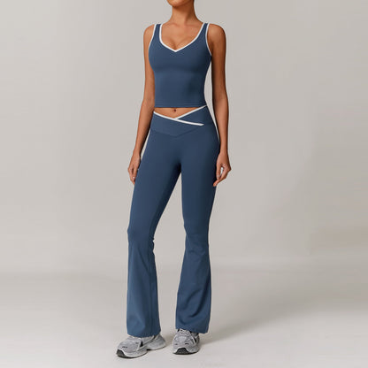 Women’s Contrast-Color V-Neck Sports Vest – Sexy Tight-Fit Workout Set