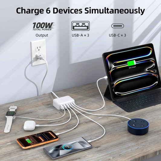 USB C Charger Block, 100W 6 Port PD USB C Charging Station and QC USB A Wall Charger Block Cube, Type C Charging Hub for iPhone 17 16 15 14 13 12 Pro Max iPad Galaxy S25 Pixel, 5ft Extension Cord 🍁 All In One Marketplace Canada