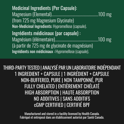 Magnesium Glycinate 100 mg Capsules (Elemental) from Non-Buffered Fully Chelated 100% Magnesium Bisglycinate - 124 High-Absorption Capsules with No Additives - Made in Canada - Nutritionn 🍁 All In One Marketplace Canada