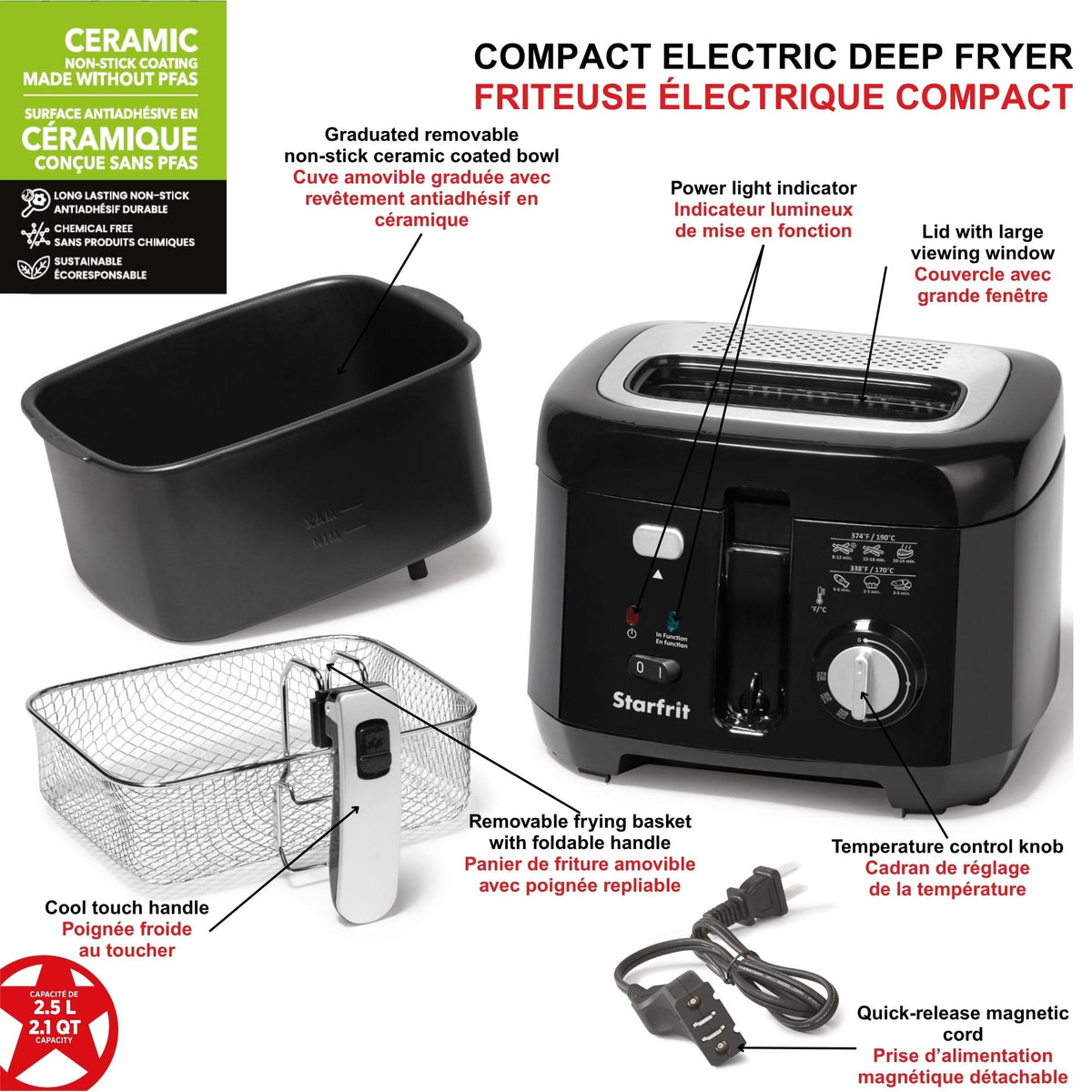 Starfrit Deep Fryer, 2.5L Capacity, Ceramic Bowl, Black 🍁 All In One Marketplace Canada