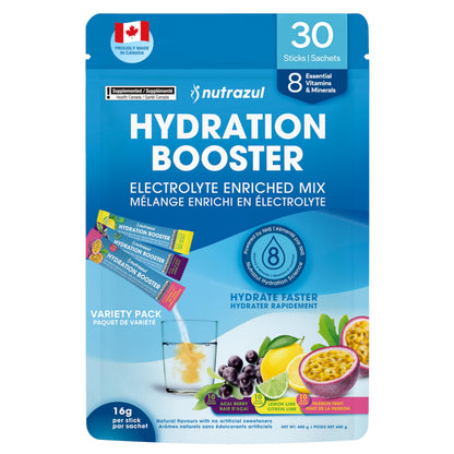 Nutrazul Hydration Booster, Electrolytes Powder Sticks with Sodium, Potassium, Vitamin B6 & B12, No Artificial Sweeteners, Acai Berry, Lemon Lime, Passion Fruit Flavour, 30 Sticks 🍁 All In One Marketplace Canada
