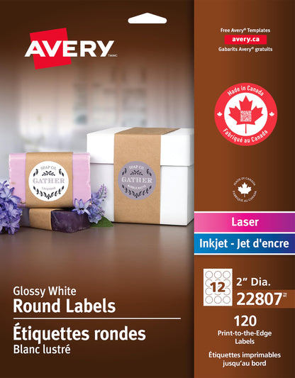 Avery 2" Inch Round Labels, Glossy White, Permanent, 120 Labels, Inkjet/Laser (22807) Made in Canada 🍁 All In One Marketplace Canada