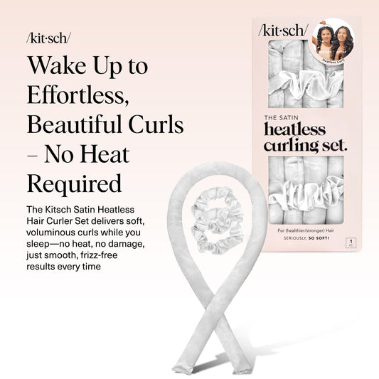 Kitsch Satin Heatless Curlers Set – Heatless Curls Overnight w/ 34" Hair Waver & 2 Satin Hair Scrunchies, Comfortable Hair Curlers to Sleep In for Frizz-Free, No Heat Damage Styling - Ivory 🍁 All In One Marketplace Canada