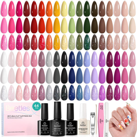 beetles 44pcs Gel Nail Polish Set - 36 Colors Colorful Muse Gel Polish Kit Pink Nude Red Yellow Green Black White Glitter Nail Kit Base Top Coat UV LED Needed Salon DIY Home Gift for Women 🍁 All In One Marketplace Canada